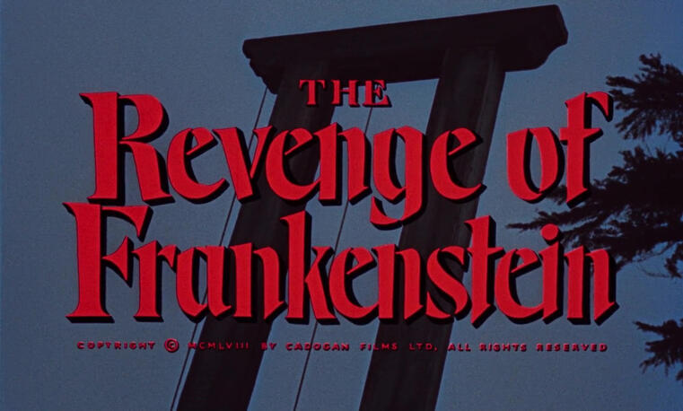 a screenshot of the opening title from the revenge of frankenstein (1958.) it features the top half of a guillotine that has been dropped with red text overlain on the image that reads 'the revenge of frankenstein.'